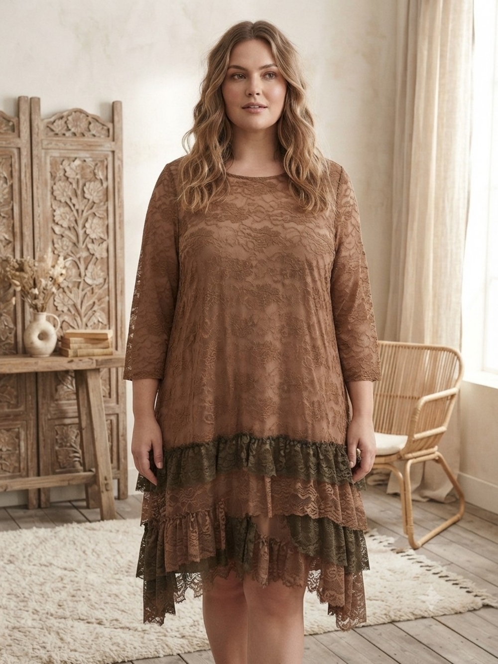 Boho Tiered Lace Asymmetrical Dress in Brown